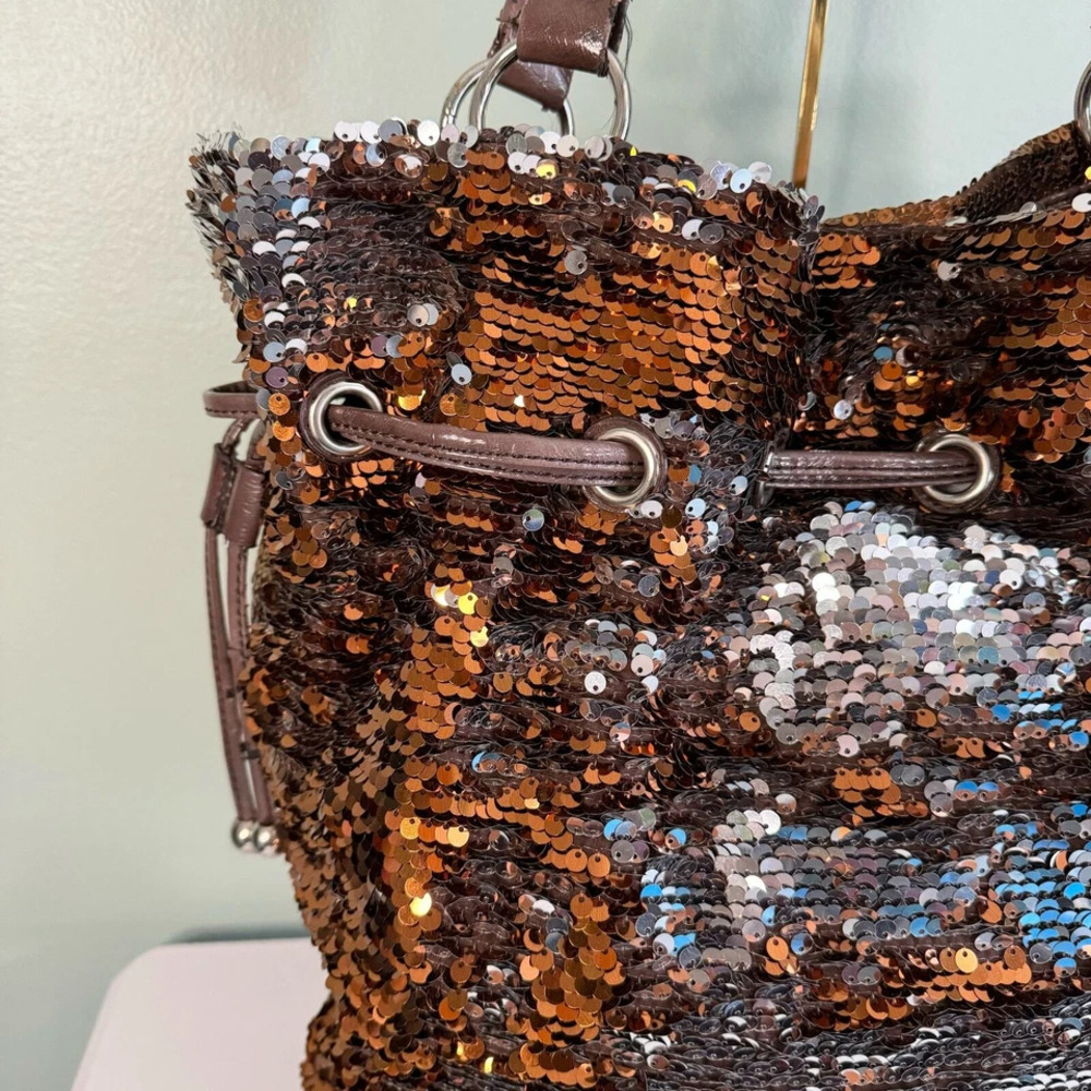 NICOLE LEE  USA Shoulder Satchel Bag Golden Sequins Embellished Drawstring Brown - Picture 3 of 15